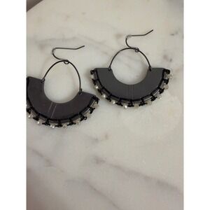Fan Shape Dangle Earrings Dark Gray Beaded Statement Women